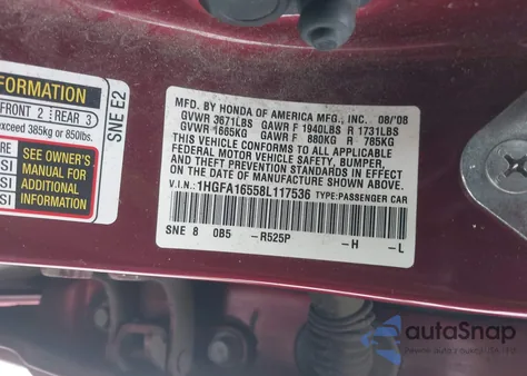 2008 Honda Civic Lx из США, поврежденный, VIN 1HGFA16558L117536